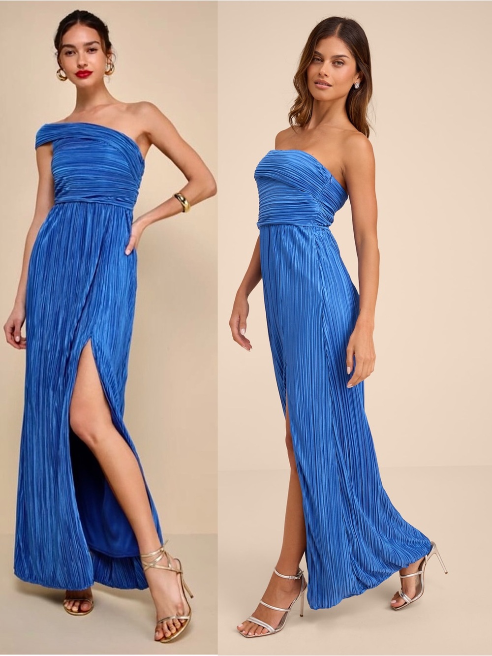 LULUS Cobalt Pleated Satin One Shoulder Y2K Formal Wedding Guest Column Dress XL